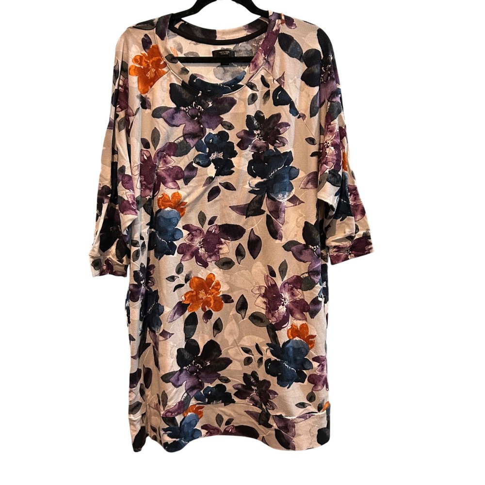 Simply Vera Floral Print Dress 3/4 Sleeve Tunic Sweater Dress Comfy Large